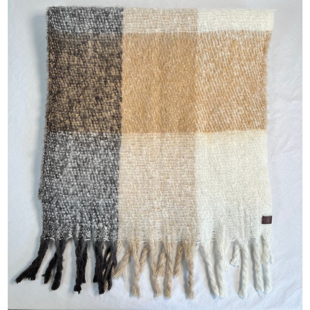 Lucky Brand Scarf Shawl Wrap Plaid Beige Brown Gray Soft